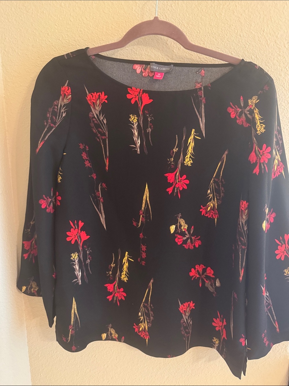 Vince Camuto Black Blouse with Red & Yellow Floral Sprigs